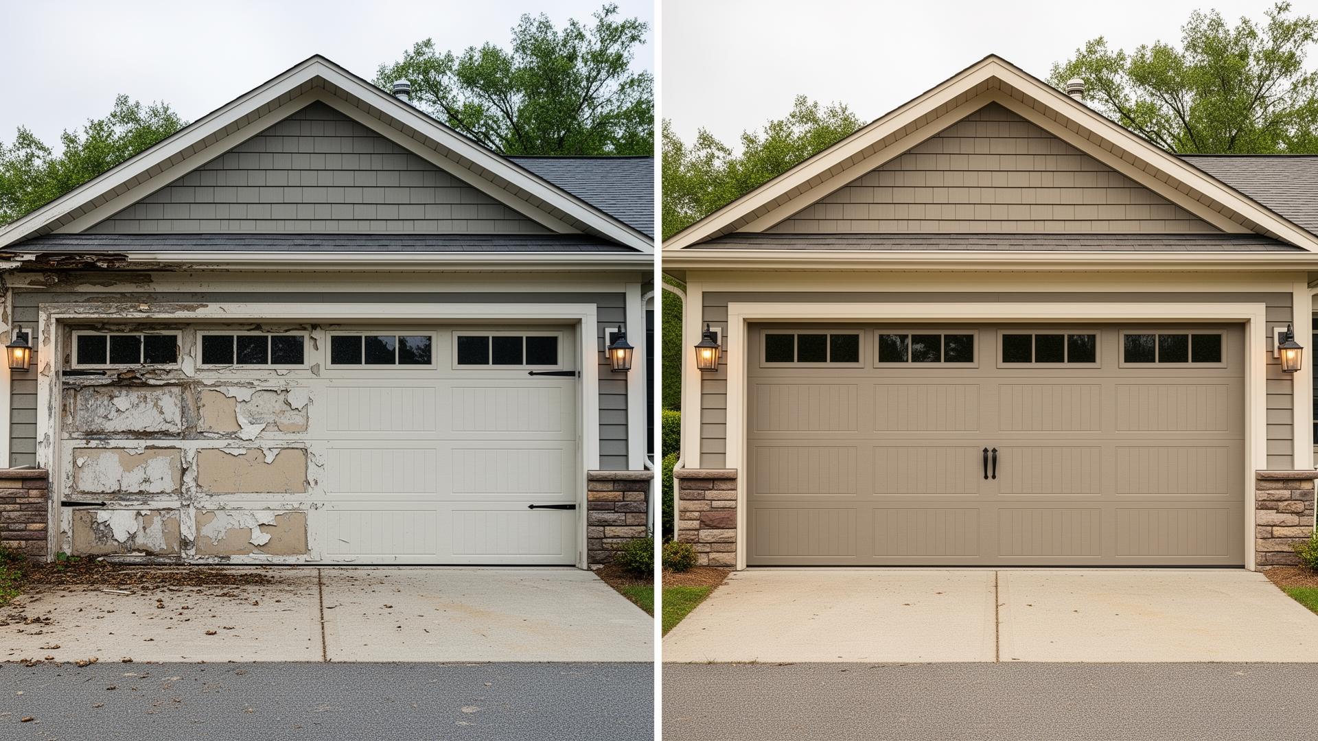 Before and after garage door installation in Prairie View, TX